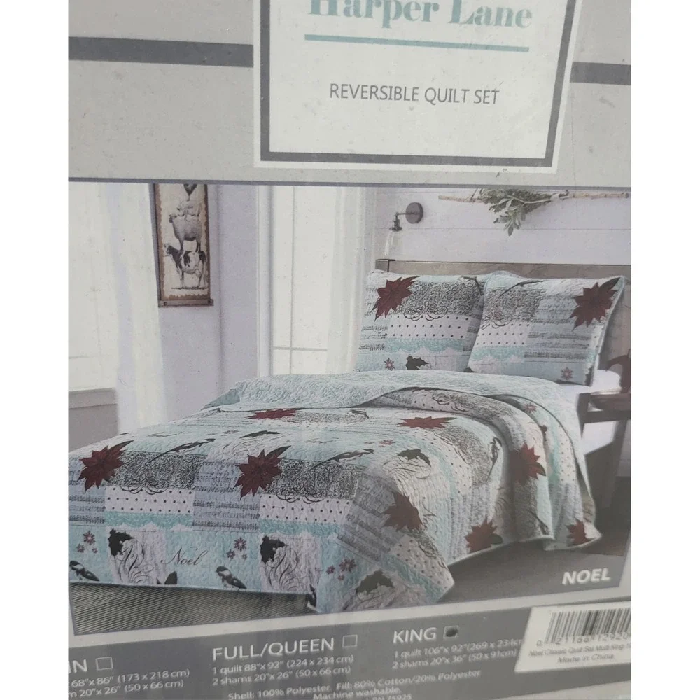 New Noel Christmas Harper Lane Reversible Quilt Set  King Size ~1 Quilt ~2 Shams
